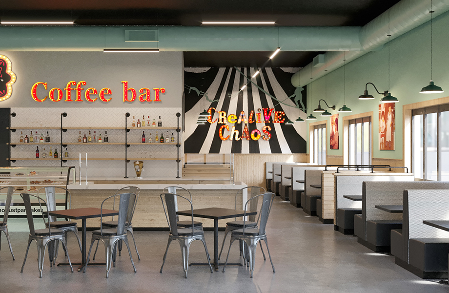 A coffee bar with circus decor