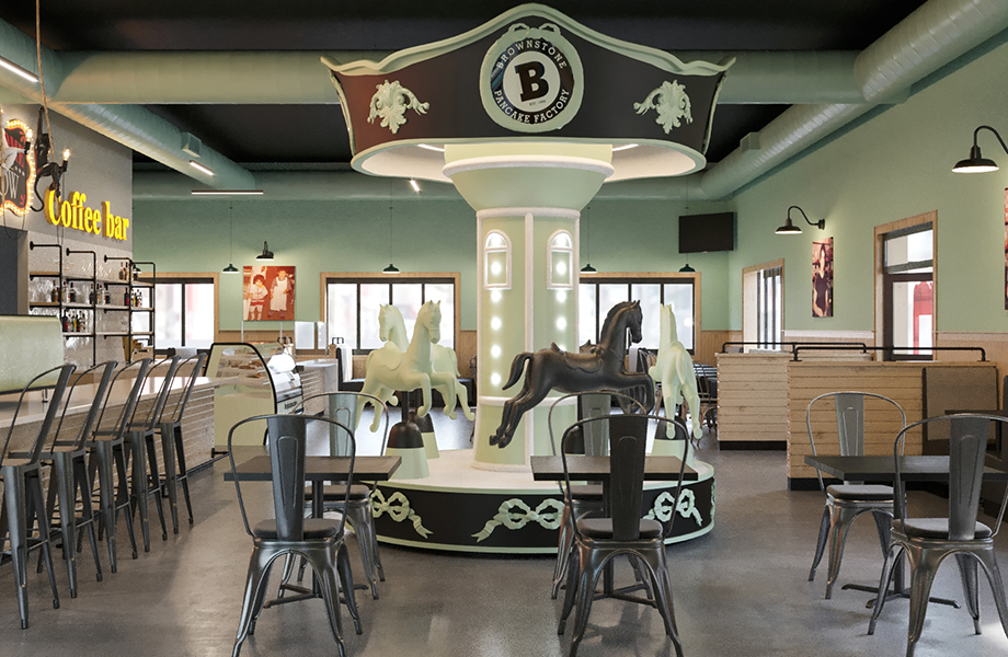 A restaurant with a carousel in the middle