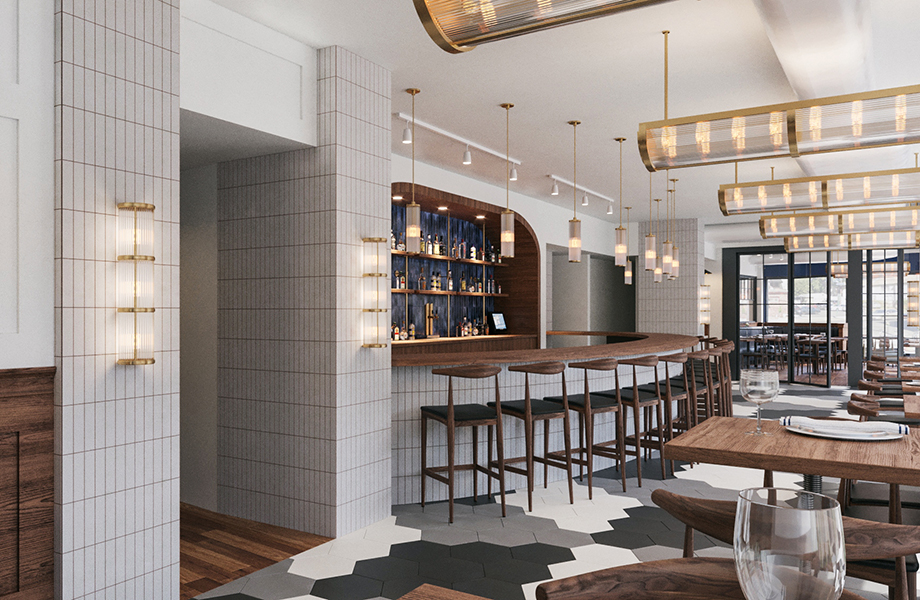 A restaurant table with bar in the background