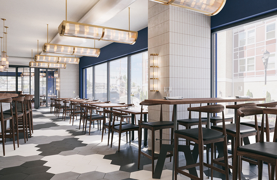 A modern diner with tables, stools and chairs