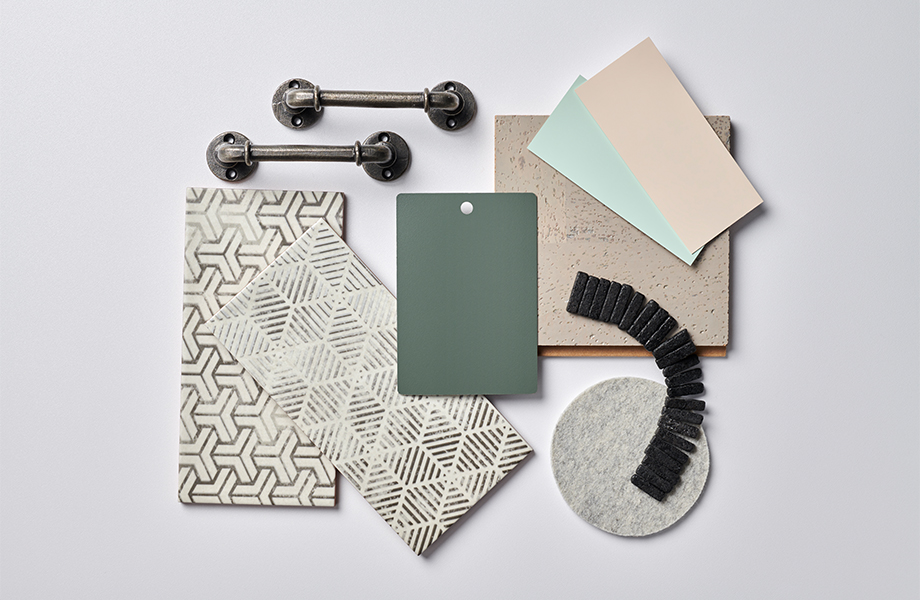 Paleta que presenta el laminado Formica® 8793 Green Slate con elementos de diseño en crema y beige