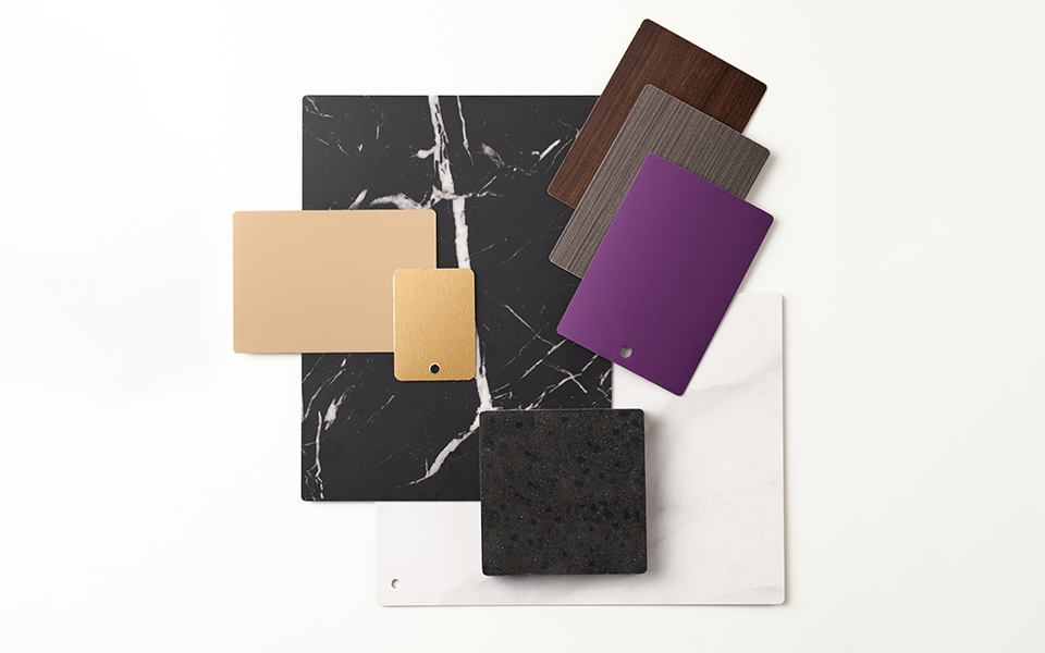Colección de muestras de laminado Formica con aspecto de piedra, metálicos, marrones y morados