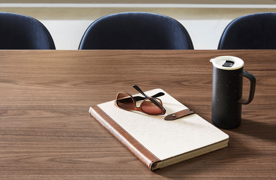 5782-NG Formal Walnut wood laminate study table with notebook and coffee