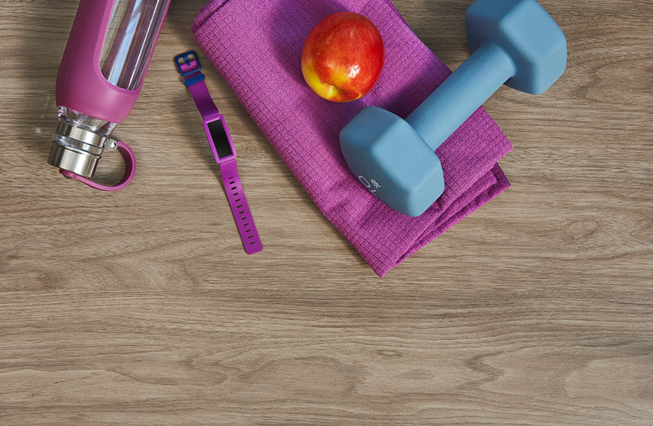 5787-NG Taupe Walnut wood laminate counter with exercise equipment