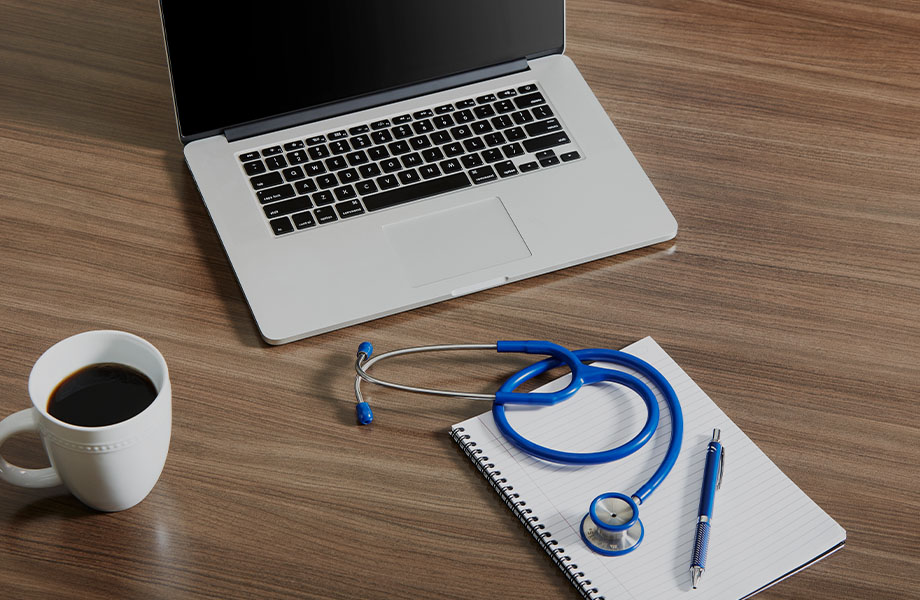 5789-43 Clove Spice Cherry healthcare desk with stethoscope and laptop