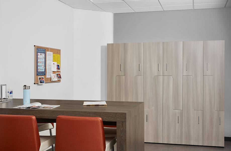 Break room with 5791-PG Grayed Oak lockers and 8589-PG Tula Oak table
