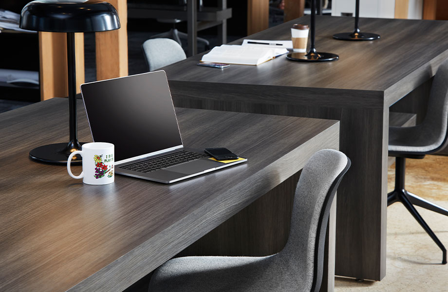 5792-PG Inked Oak study table with laptop and coffee