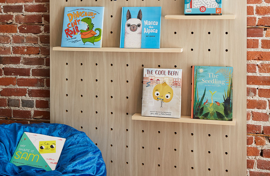 5793-NG Buff Elm children’s faux wood wall bookshelf with bean bag