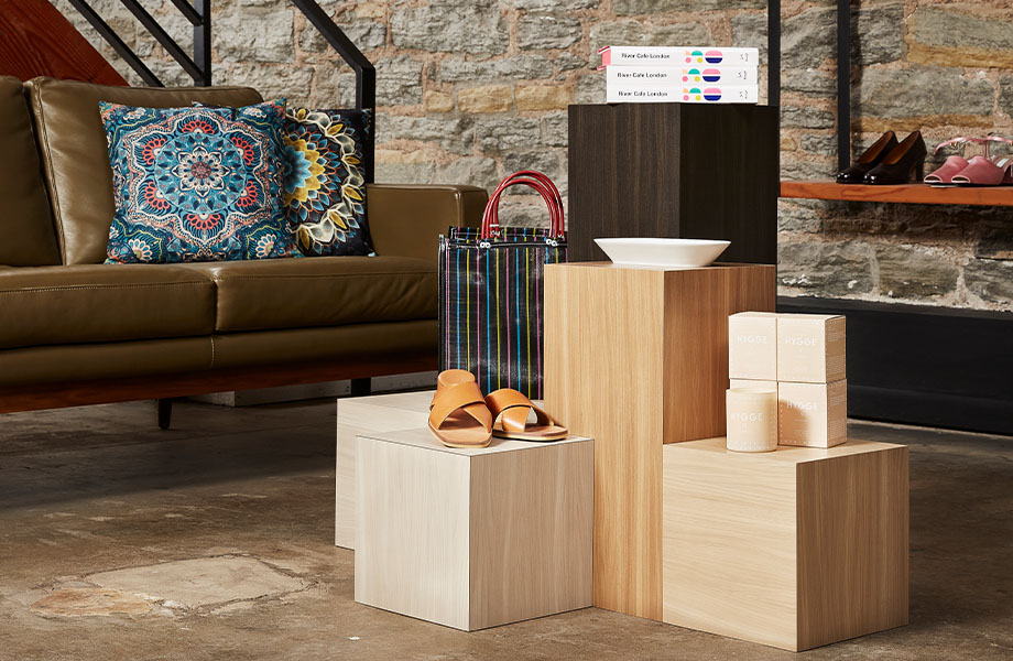 Retail display with Formica woodgrain laminate: 5794-NG Beige Elm, 5795-NG Camel Elm, 5793-NG Buff Elm, 5796-NG Graphite Elm