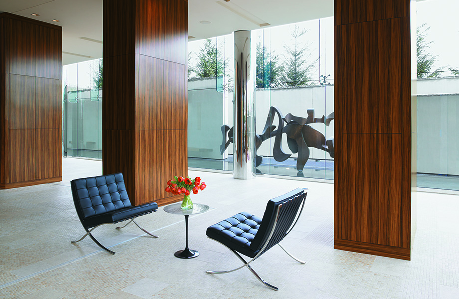 5481Oiled Olivewood decorative wood panels for walls in office lobby with chairs